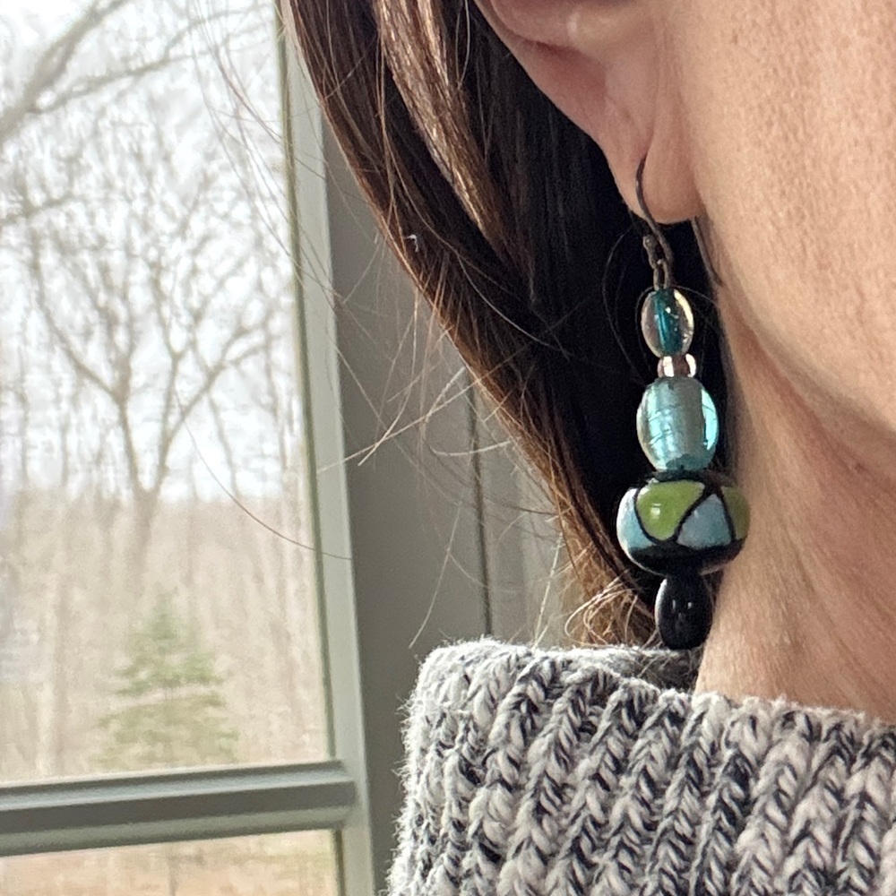 Hand crafted Blue and Black Beaded Earrings - Picture 5 of 5